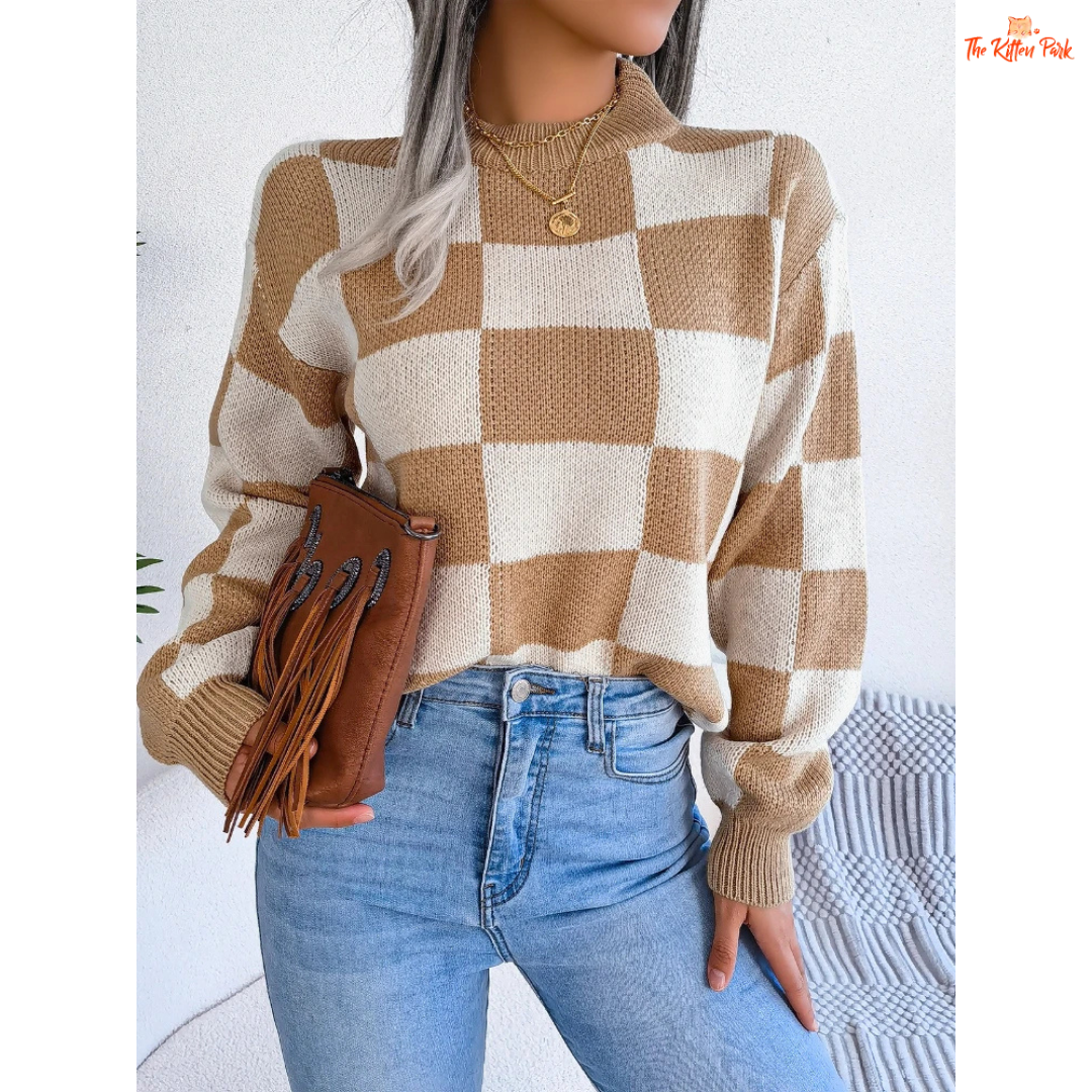 Women's Contrast Plaid Knit Pullover Sweater featuring khaki and burgundy plaid pattern, loose fit, and cozy autumn knit design.