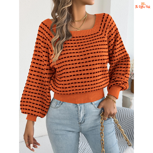 Women's Contrast Plaid Striped Sweater – Square Neck 2026 with lantern sleeves, heavyweight knit, and bold striped pattern for casual autumn-winter style.