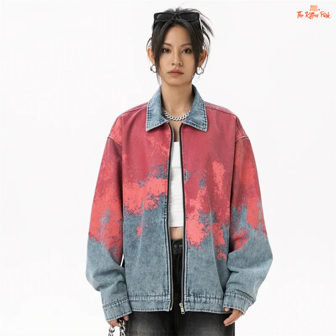 Women’s denim jacket in tie-dye style with bat sleeves, zipper closure, and pockets, designed in cowboy-inspired casual fashion for autumn/winter.