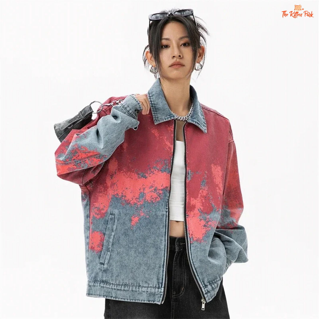 Women’s denim jacket in tie-dye style with bat sleeves, zipper closure, and pockets, designed in cowboy-inspired casual fashion for autumn/winter.