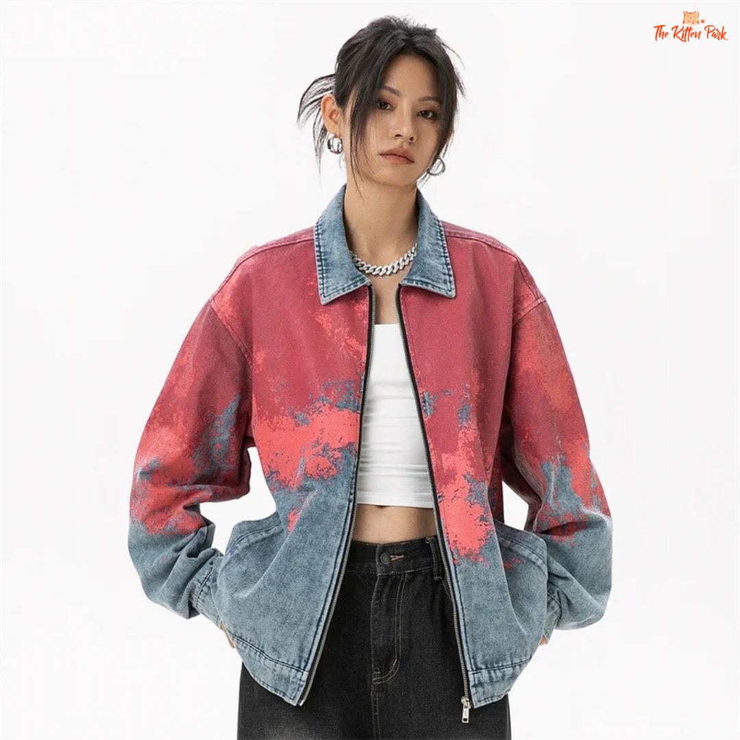 Women’s denim jacket in tie-dye style with bat sleeves, zipper closure, and pockets, designed in cowboy-inspired casual fashion for autumn/winter.
