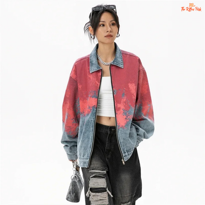 Women’s denim jacket in tie-dye style with bat sleeves, zipper closure, and pockets, designed in cowboy-inspired casual fashion for autumn/winter.