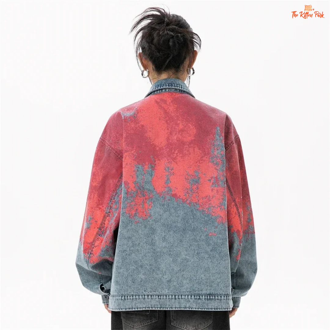 Women’s denim jacket in tie-dye style with bat sleeves, zipper closure, and pockets, designed in cowboy-inspired casual fashion for autumn/winter.
