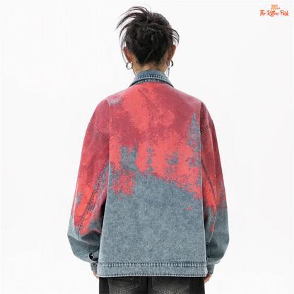 Women’s denim jacket in tie-dye style with bat sleeves, zipper closure, and pockets, designed in cowboy-inspired casual fashion for autumn/winter.