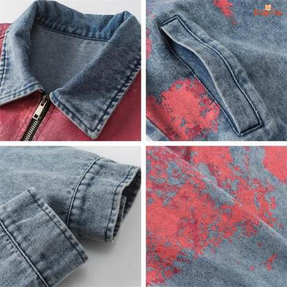 Collage of denim jacket details including collar, zipper, and red and gray pattern.