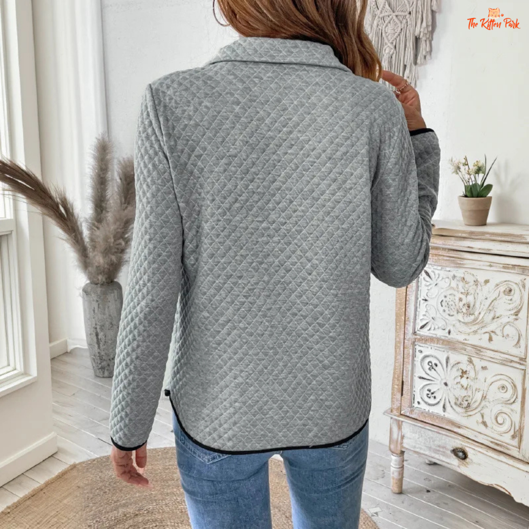 Women’s Diamond Plaid Zipper Stand Collar Sweatshirt with solid design and zip detail, ideal for casual summer wear.
