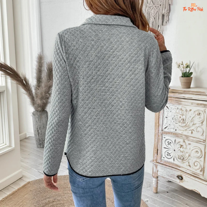 Women’s Diamond Plaid Zipper Stand Collar Sweatshirt with solid design and zip detail, ideal for casual summer wear.
