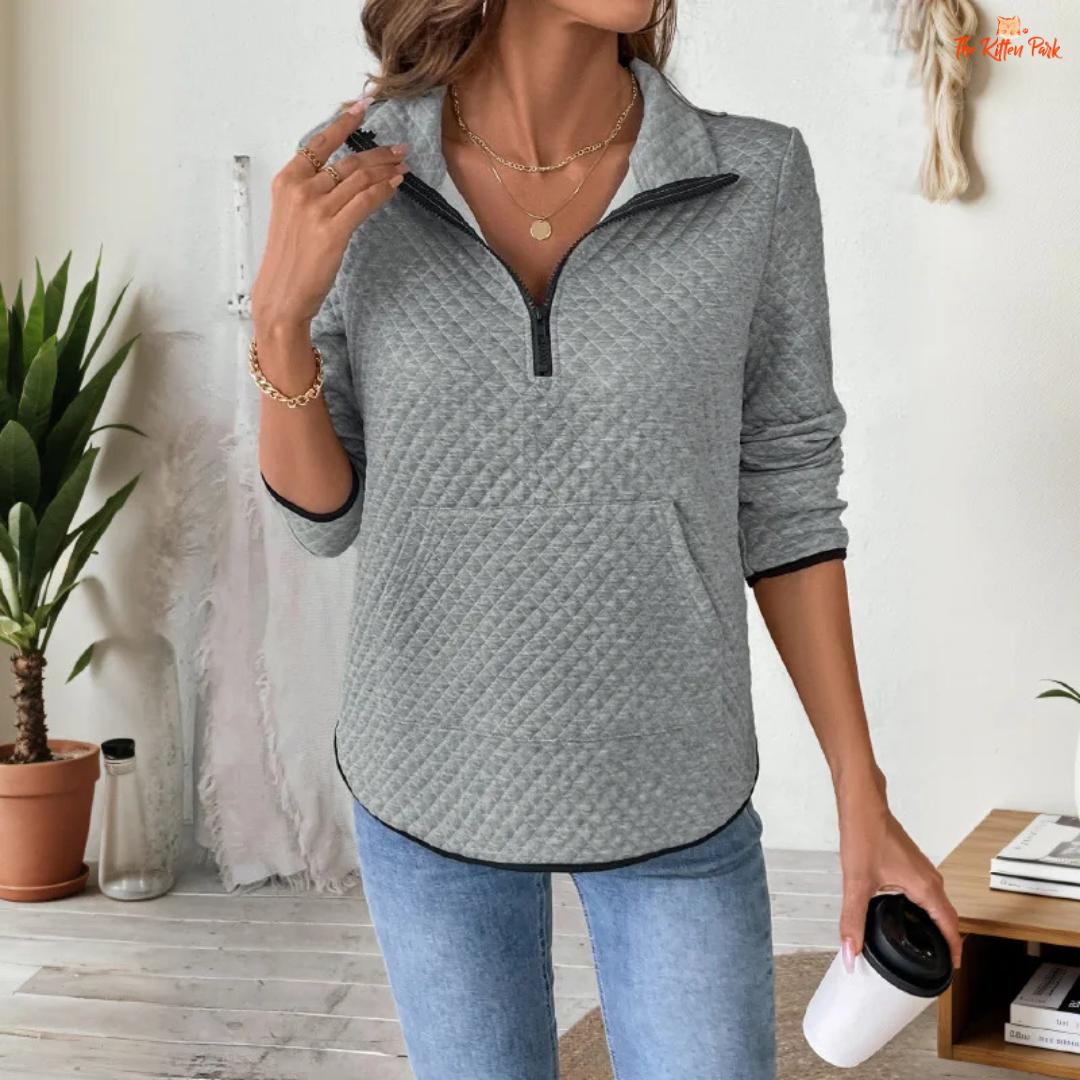 Women’s Diamond Plaid Zipper Stand Collar Sweatshirt with solid design and zip detail, ideal for casual summer wear.