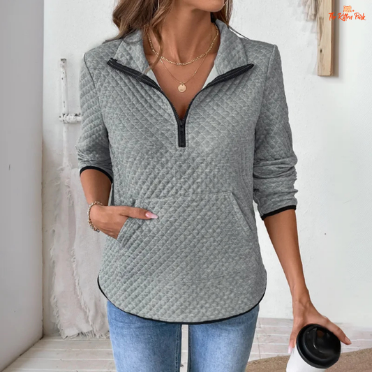Women’s Diamond Plaid Zipper Stand Collar Sweatshirt with solid design and zip detail, ideal for casual summer wear.