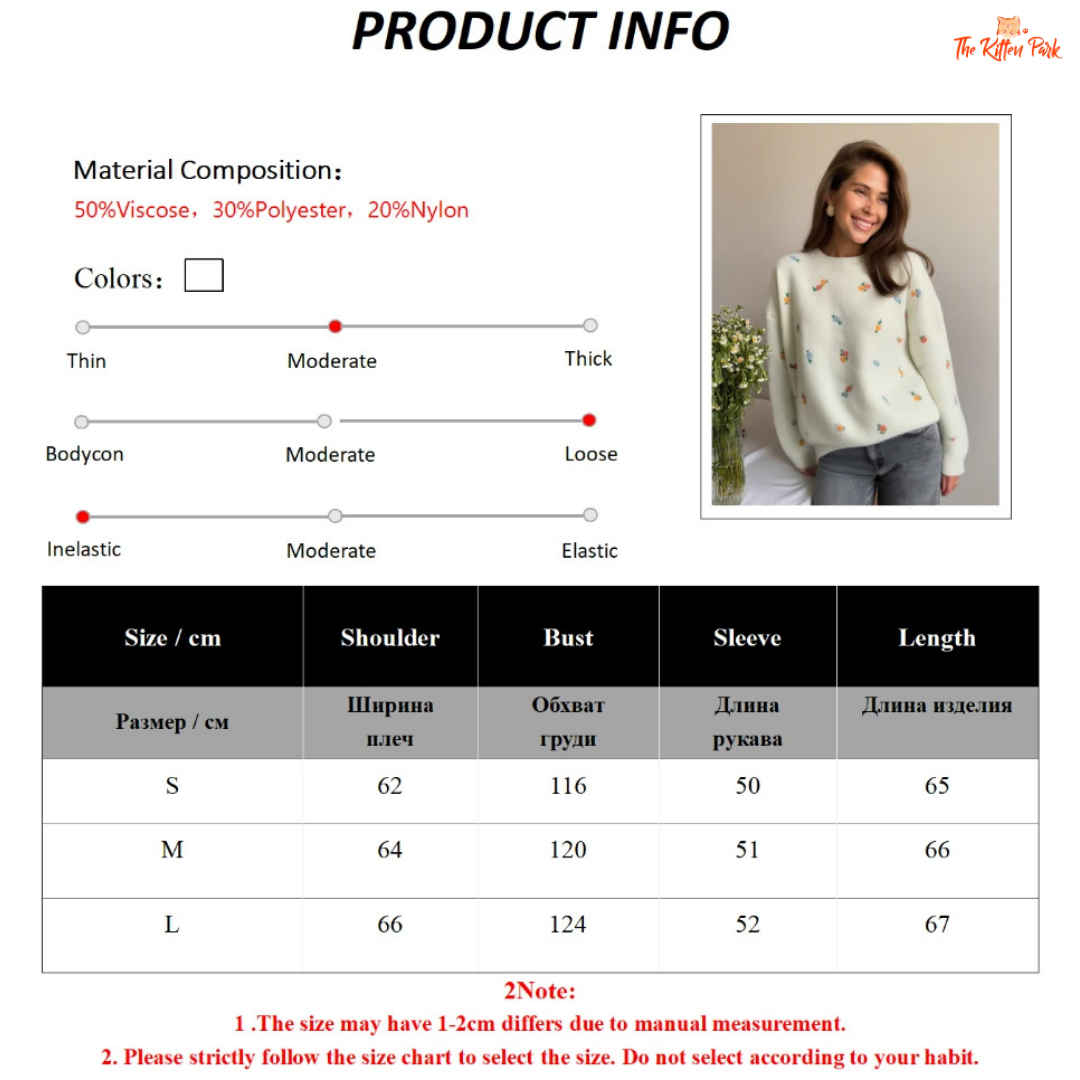 Product information sheet for a sweater with material composition, color options, size chart, and a model wearing the sweater.