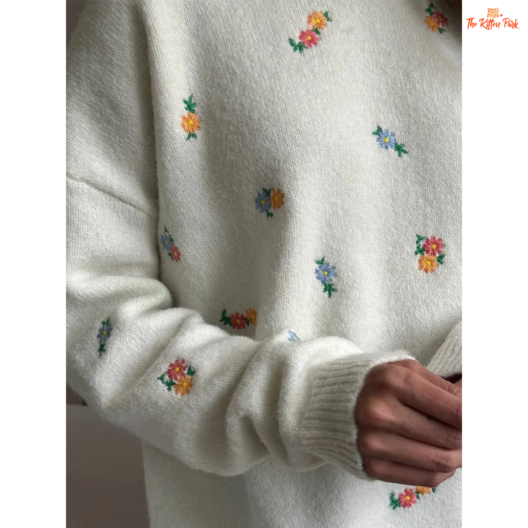 Women’s embroidered flower knit sweater with floral pattern, crew neck, long sleeves, loose fit, and heavyweight fabric for autumn and winter.