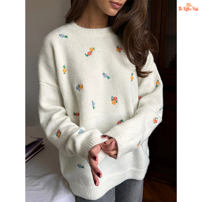 Women’s embroidered flower knit sweater with floral pattern, crew neck, long sleeves, loose fit, and heavyweight fabric for autumn and winter.