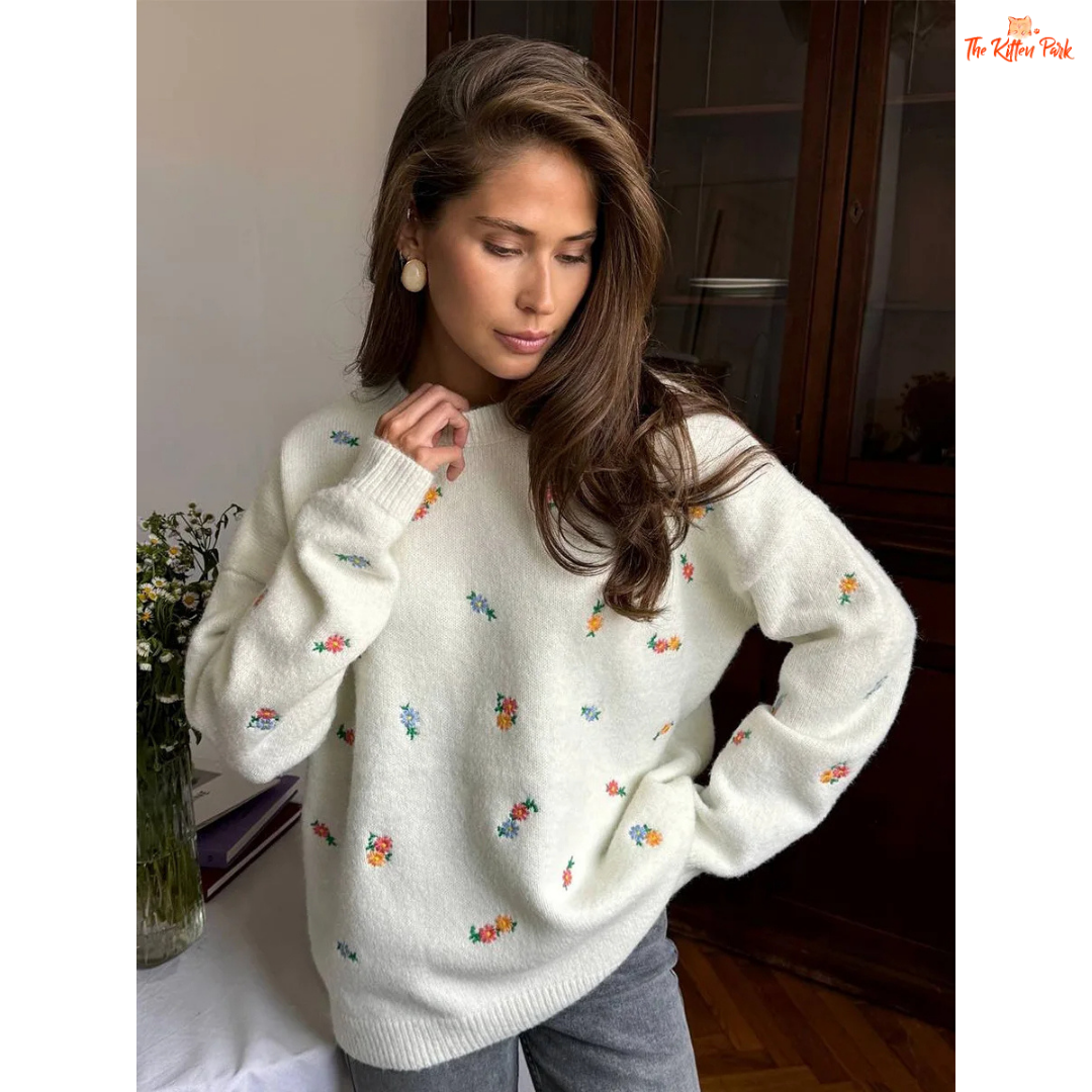 Women’s embroidered flower knit sweater with floral pattern, crew neck, long sleeves, loose fit, and heavyweight fabric for autumn and winter.