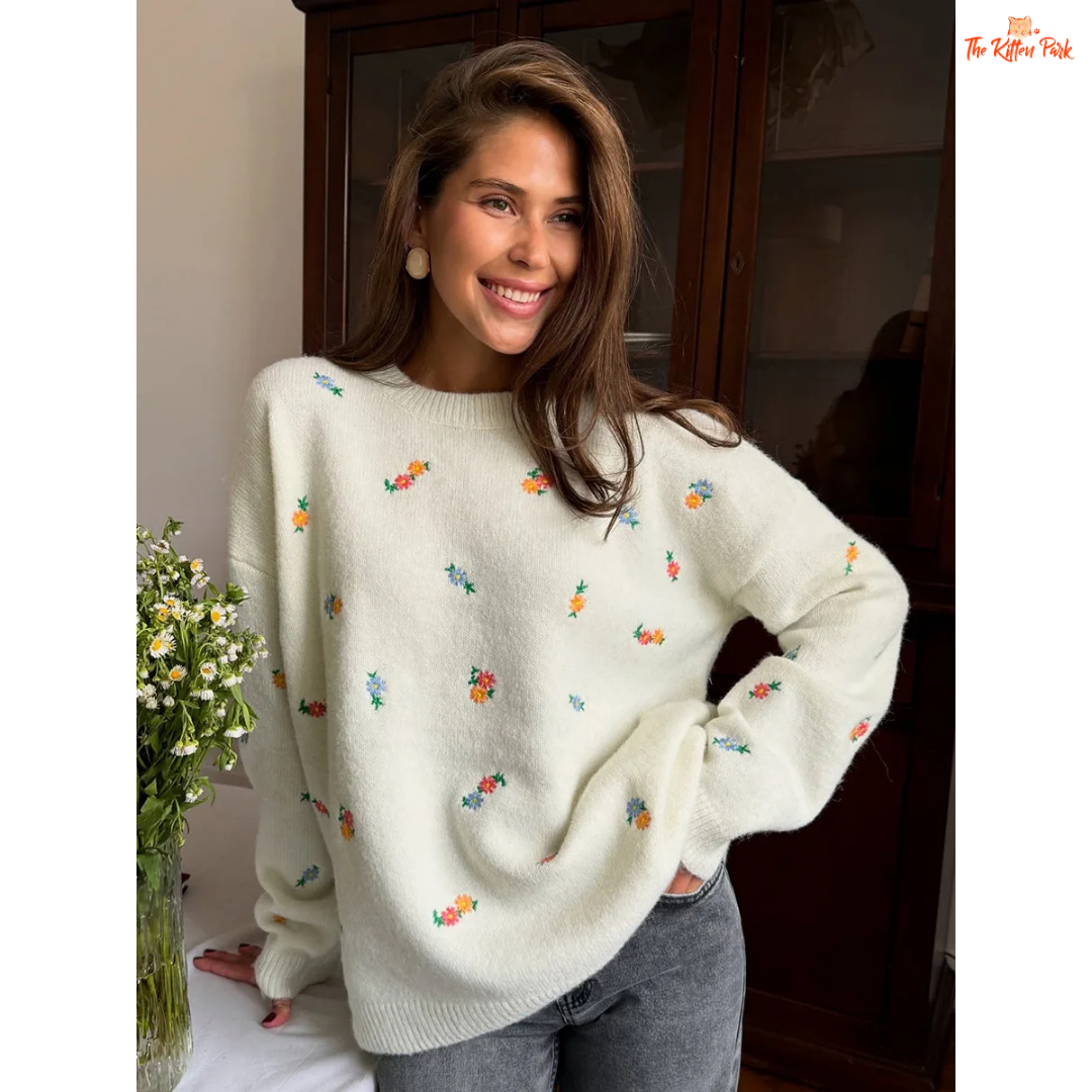Women’s embroidered flower knit sweater with floral pattern, crew neck, long sleeves, loose fit, and heavyweight fabric for autumn and winter.