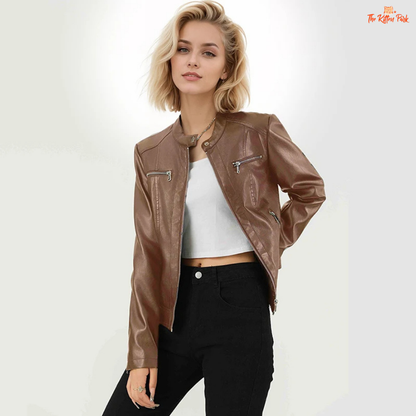 Women’s Faux PU Leather Jacket – 2026 Spring Autumn Round Neck Motorcycle Coat with zipper closure, solid design, and casual night-out style.