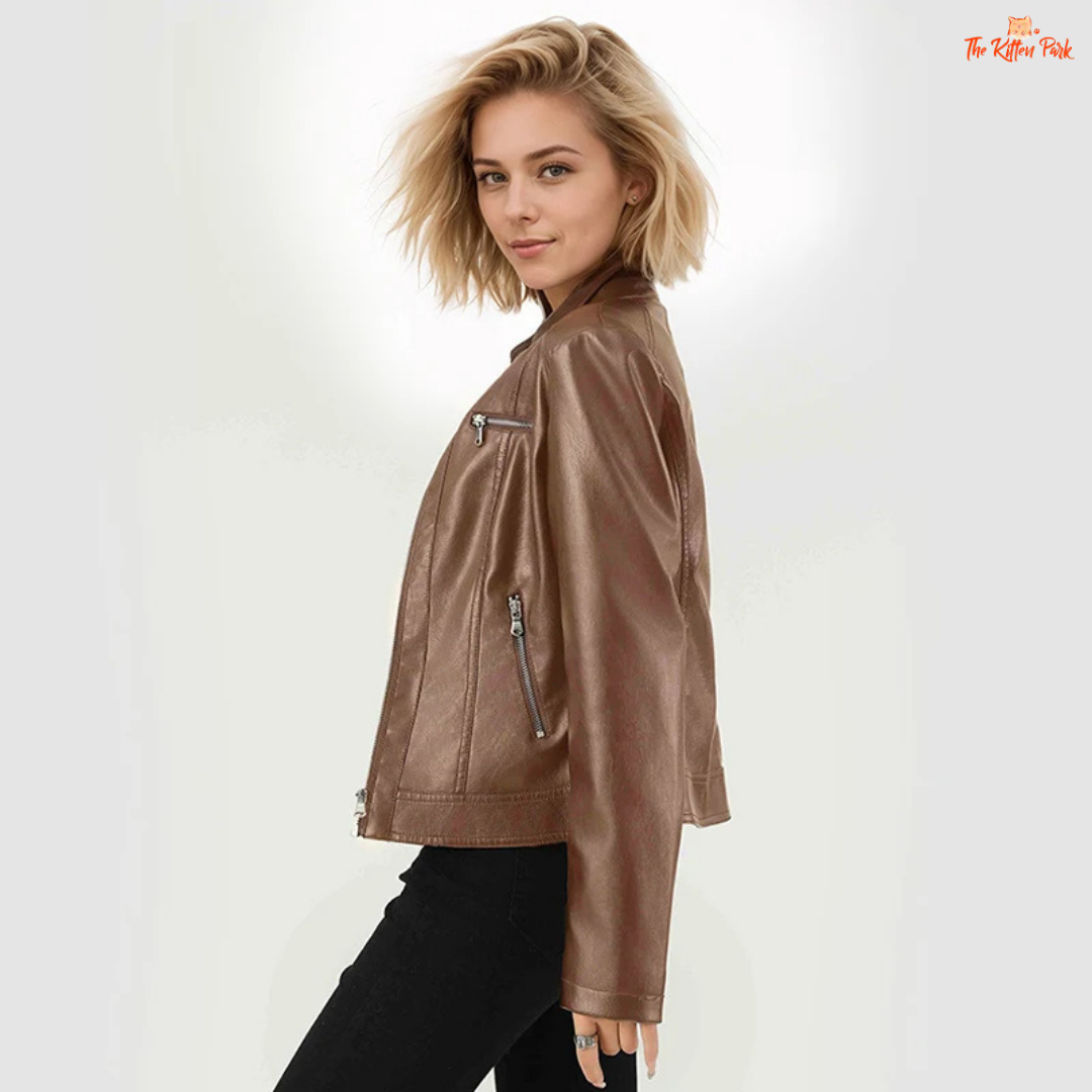 Women’s Faux PU Leather Jacket – 2026 Spring Autumn Round Neck Motorcycle Coat with zipper closure, solid design, and casual night-out style.
