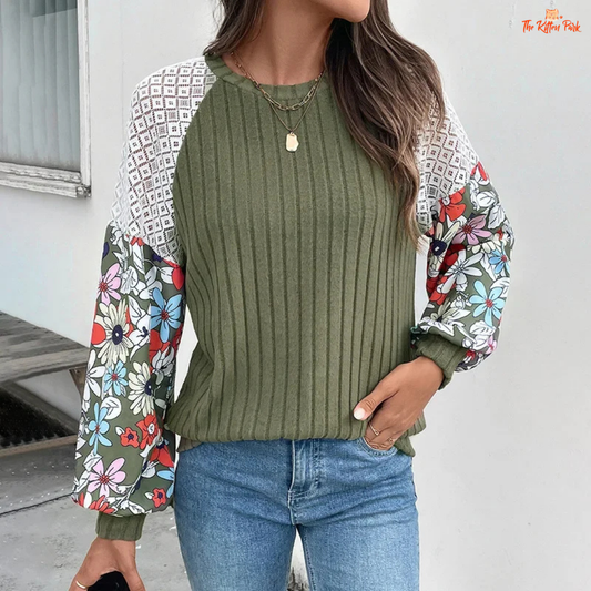 Women’s Floral Spliced Color Lightweight Knit Sweater featuring a delicate floral splice pattern and breathable summer knit design.