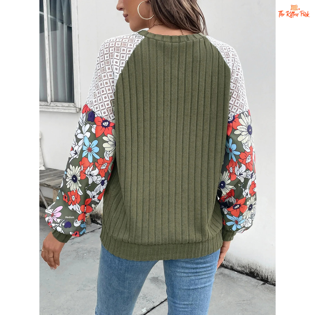 Women’s Floral Spliced Color Lightweight Knit Sweater featuring a delicate floral splice pattern and breathable summer knit design.