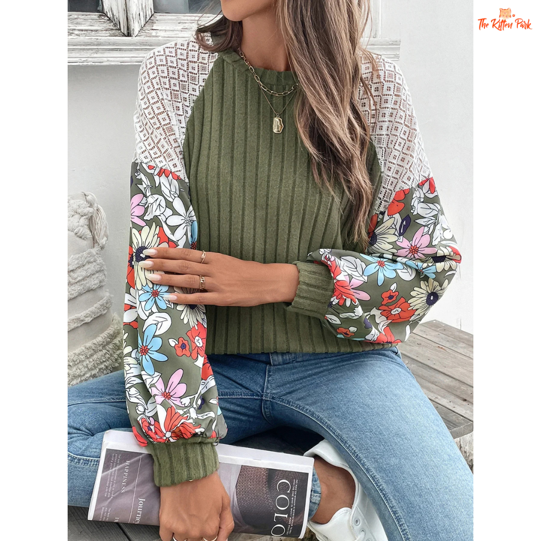 Women’s Floral Spliced Color Lightweight Knit Sweater featuring a delicate floral splice pattern and breathable summer knit design.