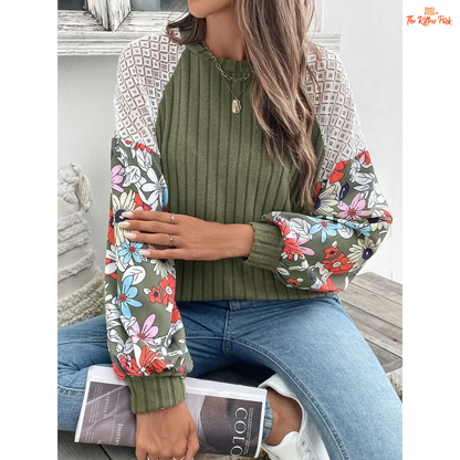 Women’s Floral Spliced Color Lightweight Knit Sweater featuring a delicate floral splice pattern and breathable summer knit design.