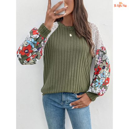Women’s Floral Spliced Color Lightweight Knit Sweater featuring a delicate floral splice pattern and breathable summer knit design.