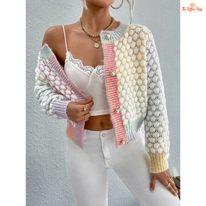 Women’s Gradient Checkered Cardigan – Elegant Round Neck Knit Sweater Jacket, slim England style with tie-dye gradient pattern and crochet detail.