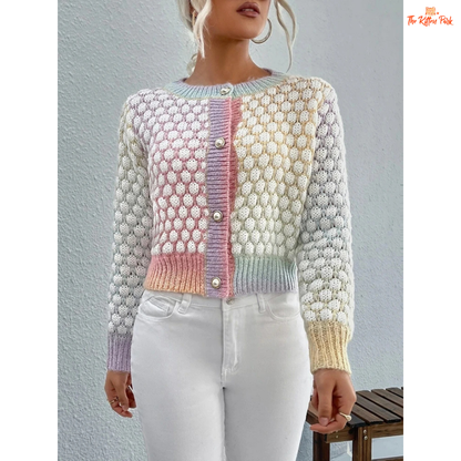 Women’s Gradient Checkered Cardigan – Elegant Round Neck Knit Sweater Jacket, slim England style with tie-dye gradient pattern and crochet detail.