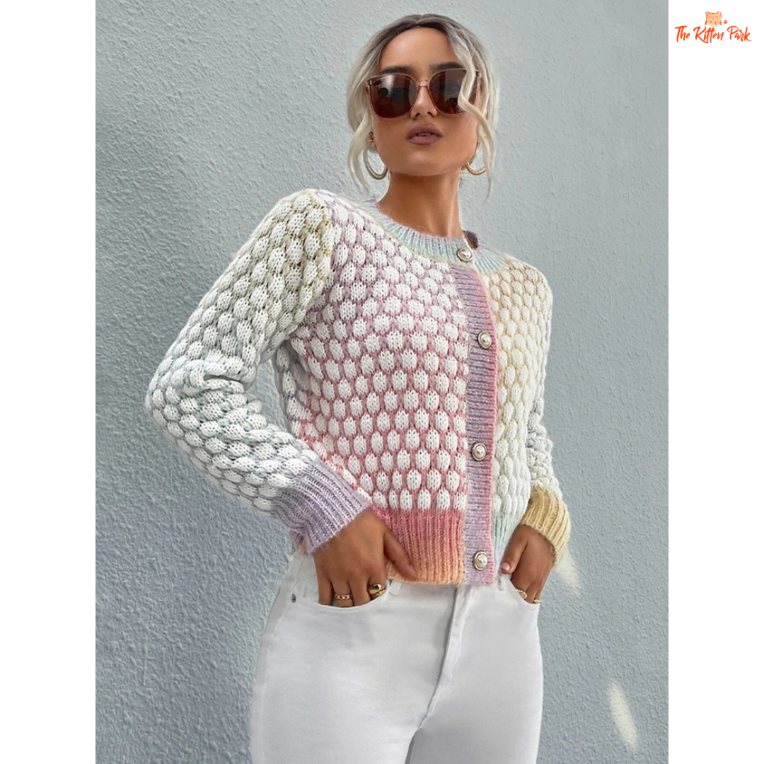 Women’s Gradient Checkered Cardigan – Elegant Round Neck Knit Sweater Jacket, slim England style with tie-dye gradient pattern and crochet detail.