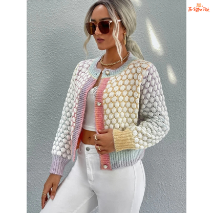 Women’s Gradient Checkered Cardigan – Elegant Round Neck Knit Sweater Jacket, slim England style with tie-dye gradient pattern and crochet detail.