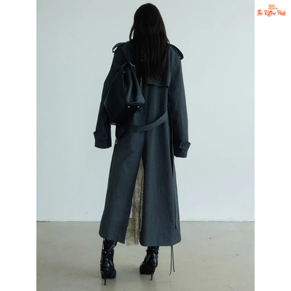 Women’s Gray Color-Block Trench Coat 2026 with slim fit, pockets, turn-down collar, and long windbreaker design in light gray style.