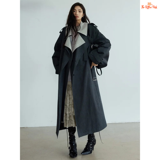 Women’s Gray Color-Block Trench Coat 2026 with slim fit, pockets, turn-down collar, and long windbreaker design in light gray style.