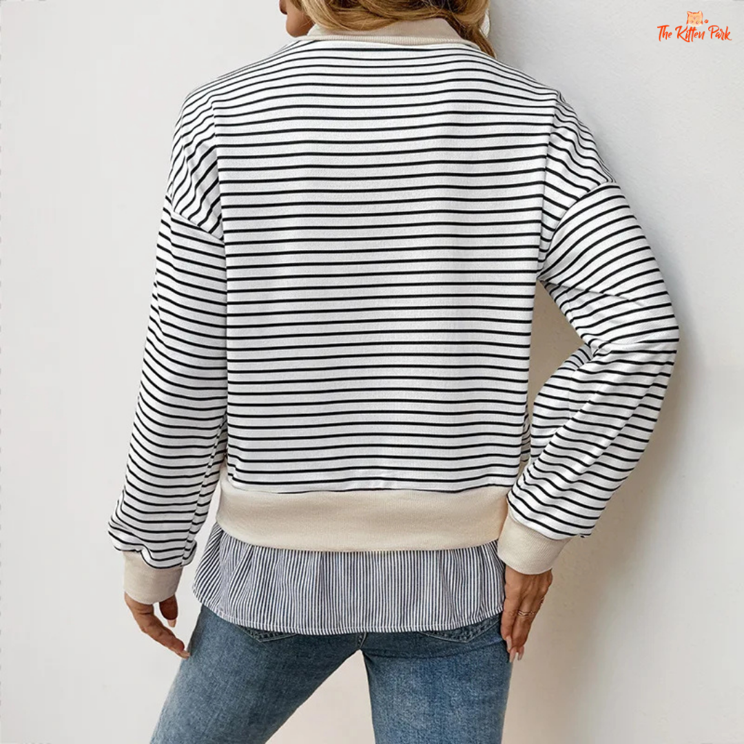 Women’s Half High Neck Striped Two-Piece Style Sweatshirt with loose fit and thick fabric, perfect for autumn and winter casual wear.