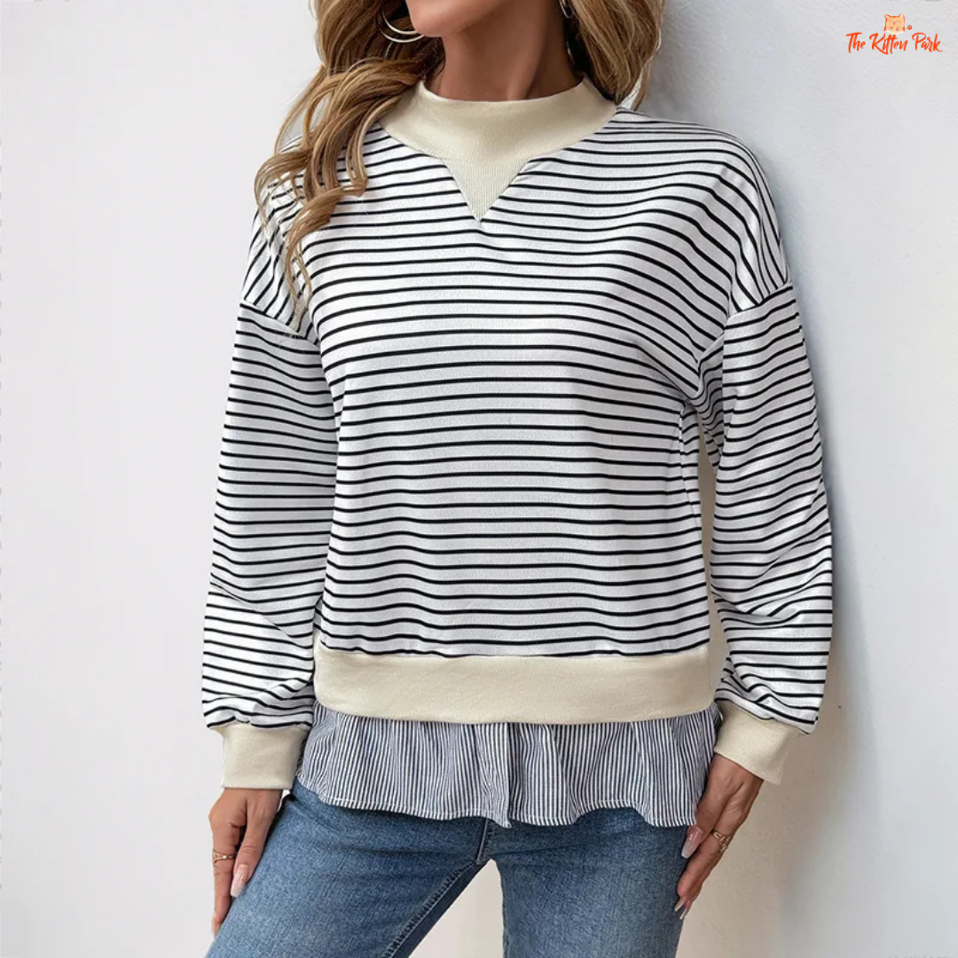 Women’s Half High Neck Striped Two-Piece Style Sweatshirt with loose fit and thick fabric, perfect for autumn and winter casual wear.