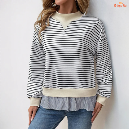 Women’s Half High Neck Striped Two-Piece Style Sweatshirt with loose fit and thick fabric, perfect for autumn and winter casual wear.