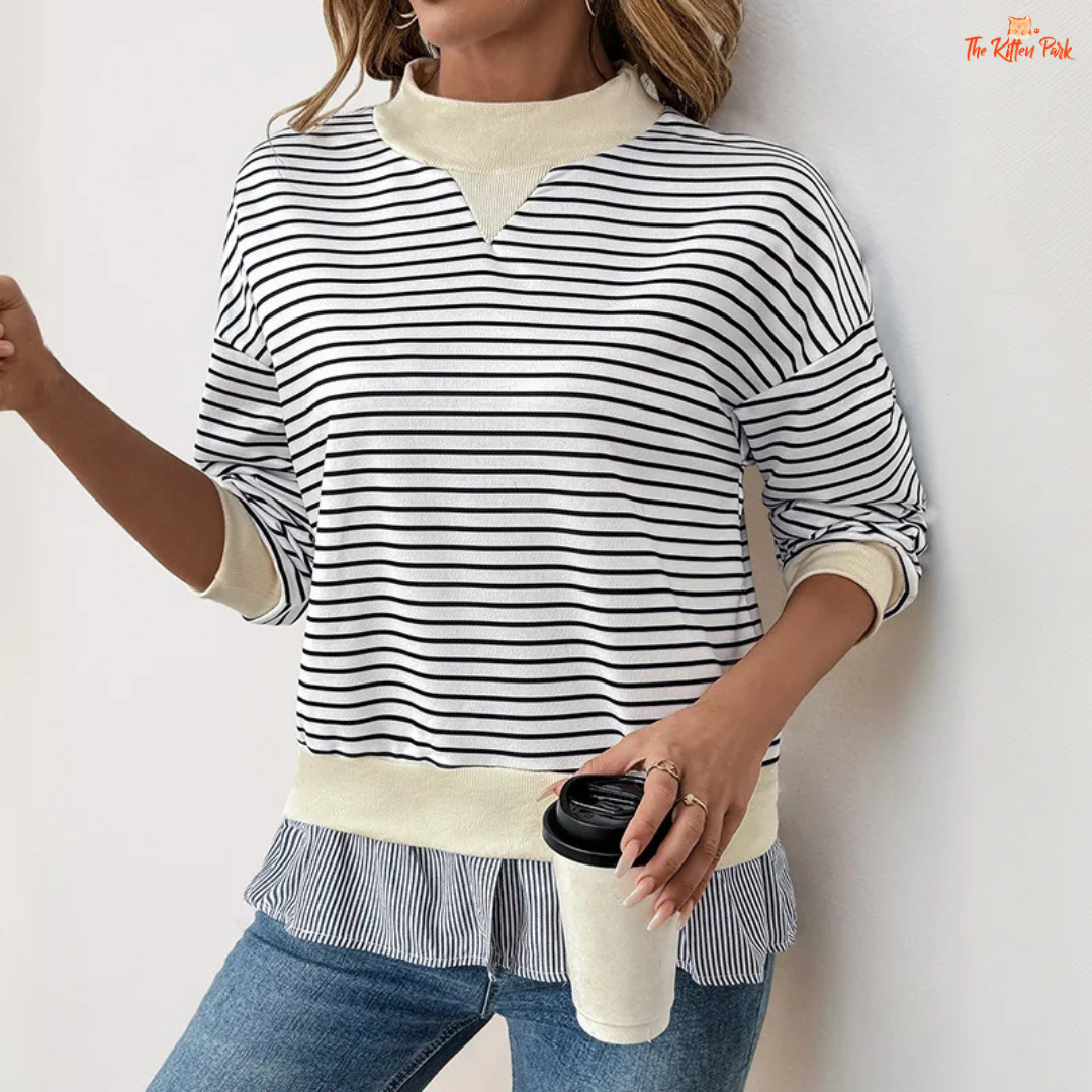 Women’s Half High Neck Striped Two-Piece Style Sweatshirt with loose fit and thick fabric, perfect for autumn and winter casual wear.