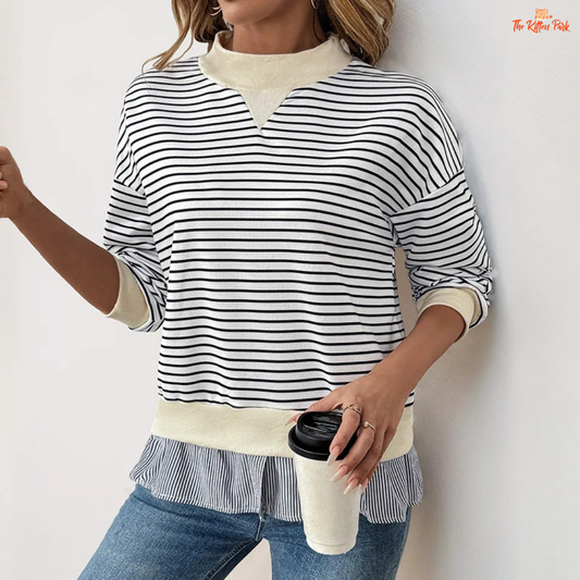 Women’s Half High Neck Striped Two-Piece Style Sweatshirt with loose fit and thick fabric, perfect for autumn and winter casual wear.