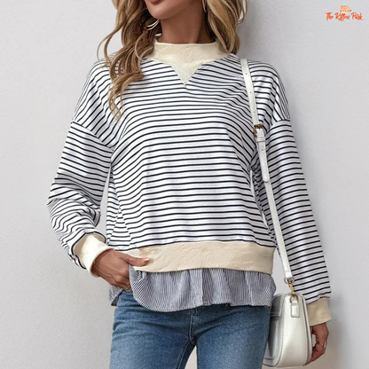 Women’s Half High Neck Striped Two-Piece Style Sweatshirt with loose fit and thick fabric, perfect for autumn and winter casual wear.