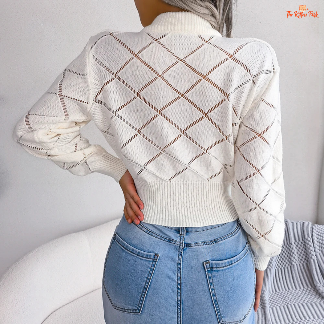 Women’s Hollow Out Knit Crop Sweater – heavyweight acrylic cropped pullover with O-neck and full sleeves, featuring hollow-out decorative knit details and medium stretch for autumn/winter casual wear.