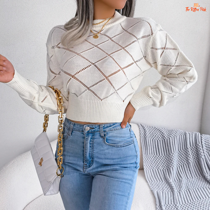 Women’s Hollow Out Knit Crop Sweater – heavyweight acrylic cropped pullover with O-neck and full sleeves, featuring hollow-out decorative knit details and medium stretch for autumn/winter casual wear.