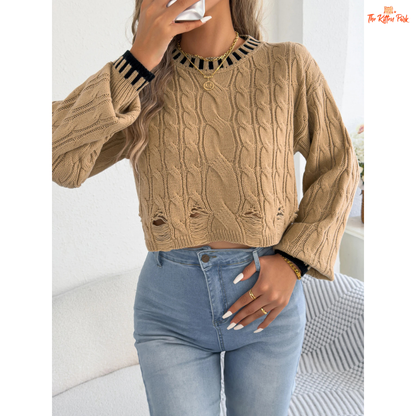 A women’s heavyweight acrylic striped knit sweater with hollow-out detailing, lantern sleeves, O-neck, and regular fit, designed for casual autumn and winter wear.