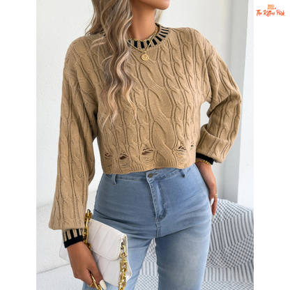 A women’s heavyweight acrylic striped knit sweater with hollow-out detailing, lantern sleeves, O-neck, and regular fit, designed for casual autumn and winter wear.