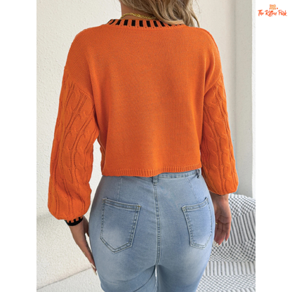 A women’s heavyweight acrylic striped knit sweater with hollow-out detailing, lantern sleeves, O-neck, and regular fit, designed for casual autumn and winter wear.