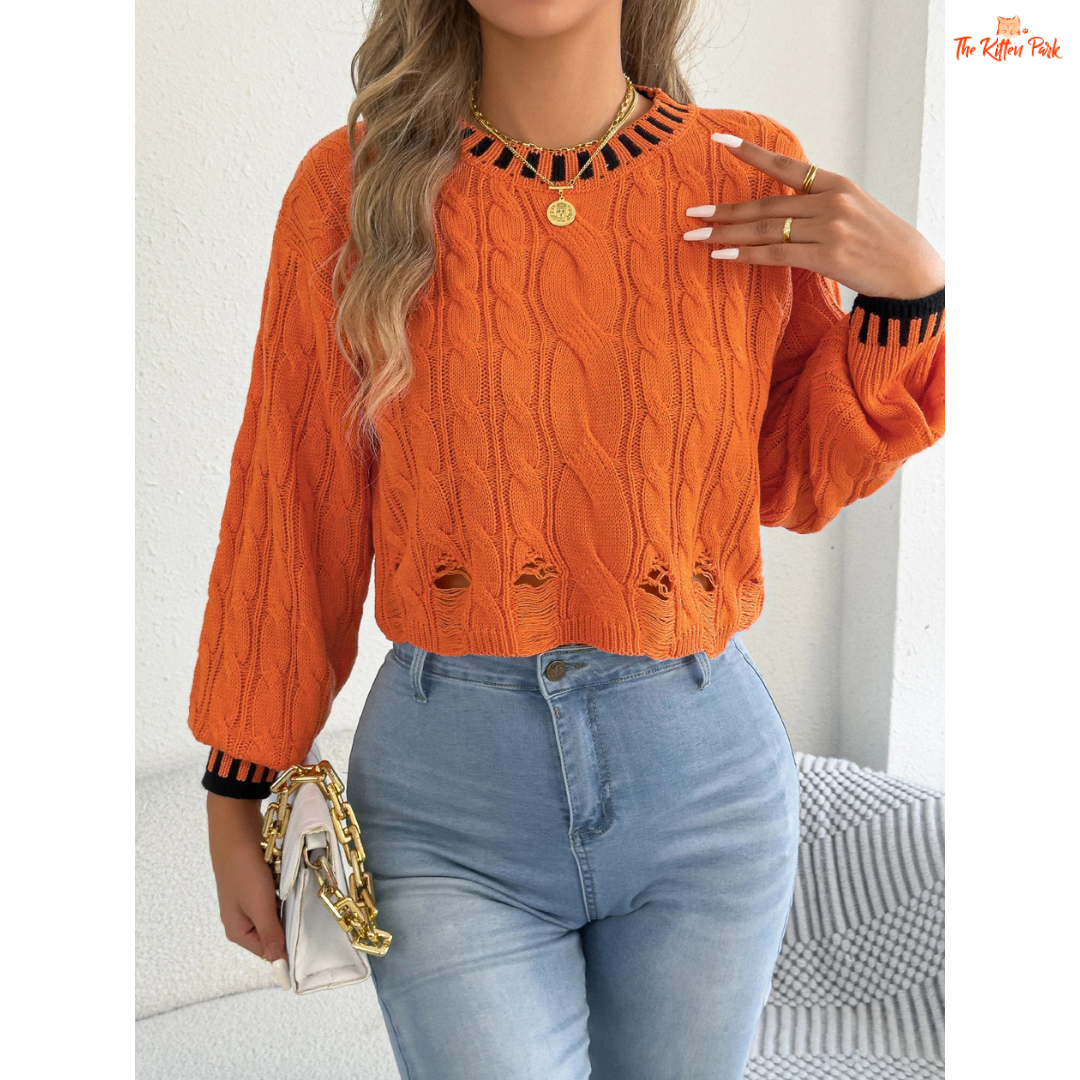 A women’s heavyweight acrylic striped knit sweater with hollow-out detailing, lantern sleeves, O-neck, and regular fit, designed for casual autumn and winter wear.