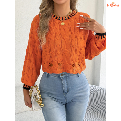 A women’s heavyweight acrylic striped knit sweater with hollow-out detailing, lantern sleeves, O-neck, and regular fit, designed for casual autumn and winter wear.