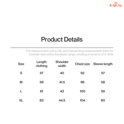 Product details table for clothing sizes S to XL with measurements in centimeters.
