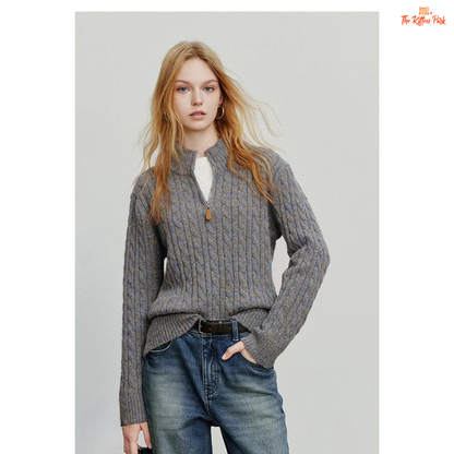 Women's knitted solid pullover with high zipper collar, full sleeves, and regular fit, suitable for autumn and winter office or casual wear.