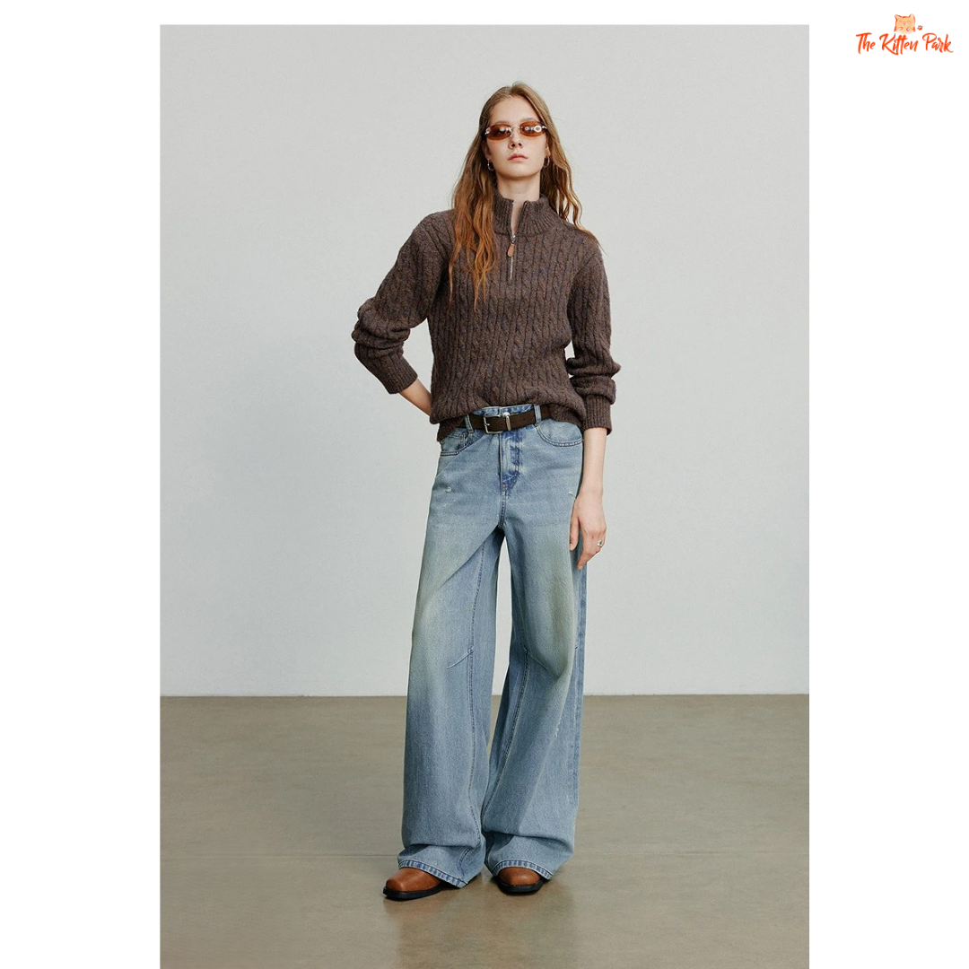 Women's knitted solid pullover with high zipper collar, full sleeves, and regular fit, suitable for autumn and winter office or casual wear.