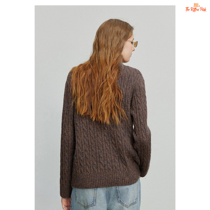 Women's knitted solid pullover with high zipper collar, full sleeves, and regular fit, suitable for autumn and winter office or casual wear.