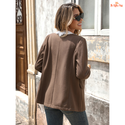 Women’s Lace Patchwork Commuter Suit Jacket featuring elegant lace details and a single-breasted office-ready design.