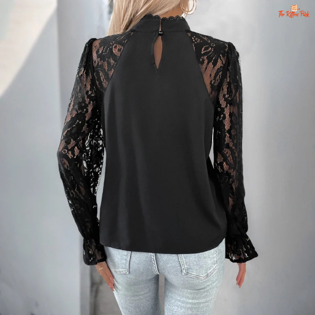 Women’s Lace Splicing Solid Color Long Sleeve Pullover Top featuring delicate lace details and an elegant office-ready design.